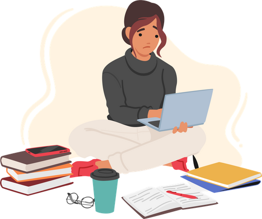 Young girl Sitting On Floor With Laptop And Books  Illustration