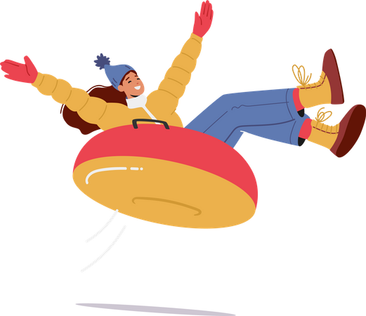 Young Girl Sliding on Snow Tubing Having Fun On Winter Holidays  Illustration