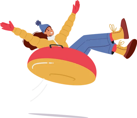 Young Girl Sliding on Snow Tubing Having Fun On Winter Holidays  Illustration