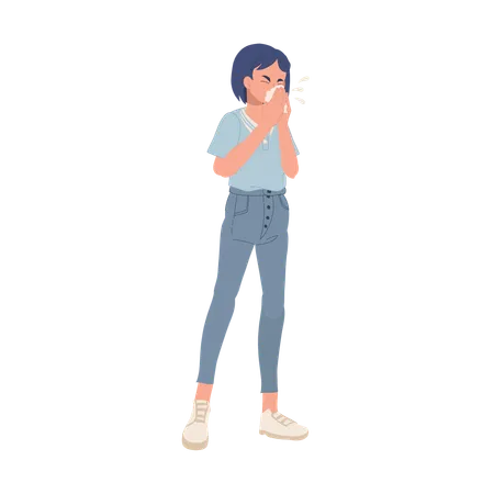 Allergy And Cold Prevention Concept Woman Sneezing With Tissue Paper イラスト