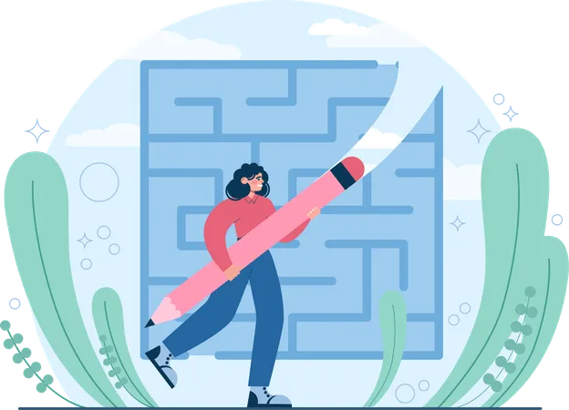 Young girl solving Labyrinth puzzle  Illustration