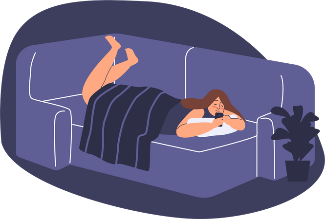 Young girl spend time lying in bed with smartphone  Illustration