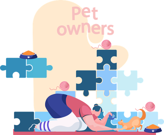 Young girl squatted down playing with her ginger cat  Illustration