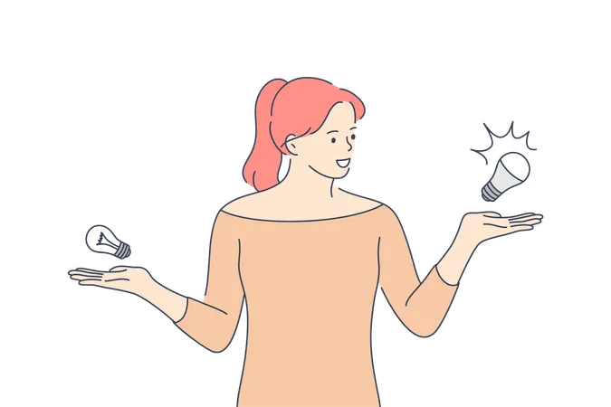 Young girl standing and comparing energy saving light bulb  イラスト