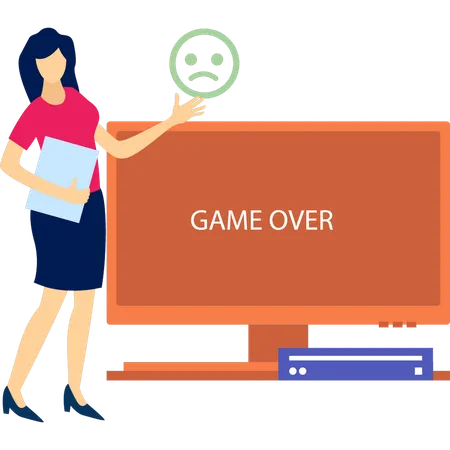 Young Girl Standing And Showing Game Over  Illustration