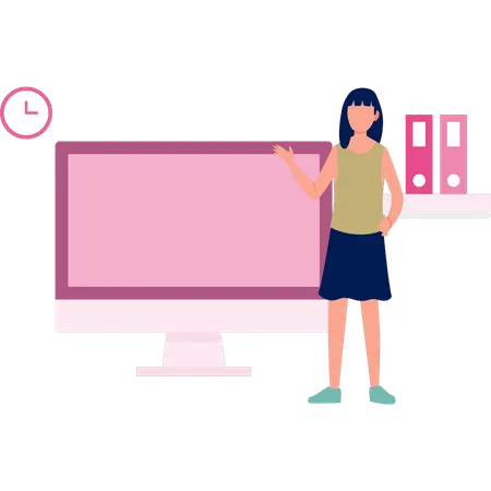 Young girl standing in front of monitor and files  Illustration