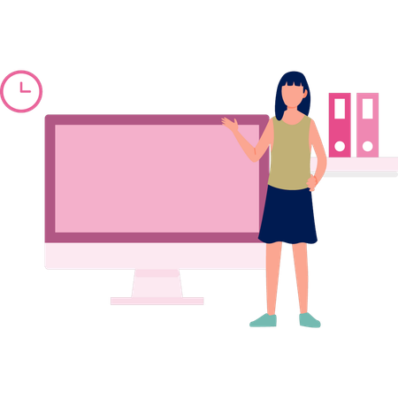 Young girl standing in front of monitor and files  Illustration