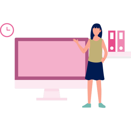 Young girl standing in front of monitor and files  Illustration