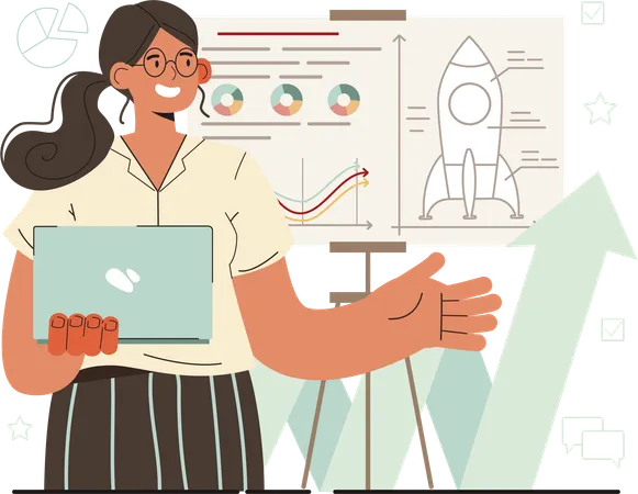 Young girl standing with laptop while explaining marketing startup analysis  Illustration