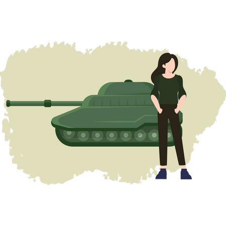 Young Girl Standing With Military Tank Illustration