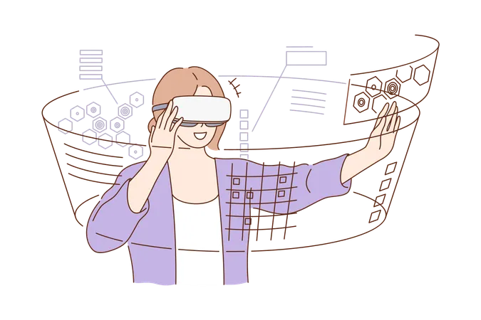 Technology Virtual Reality Entertainment Concept Young Happy Smiling Excited Woman Girl Cartoon Character Standing With Vr Glasses Goggles Technological Progress And Modern Lifestyle Illustration Illustration