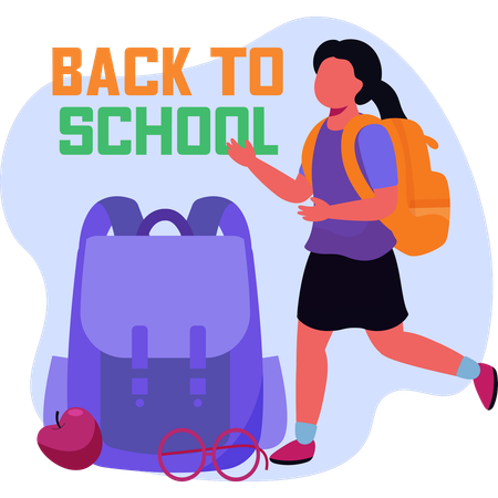 Young girl stands with a colorful backpack excited for the new school year with books and supplies around her  Illustration