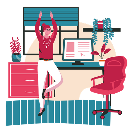 Young girl stretching hands in office Illustration