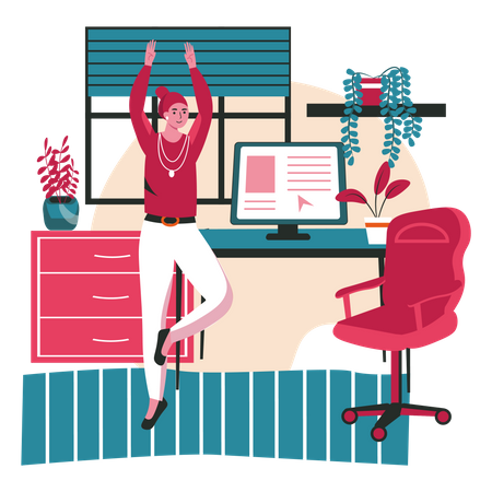 Young girl stretching hands in office  Illustration