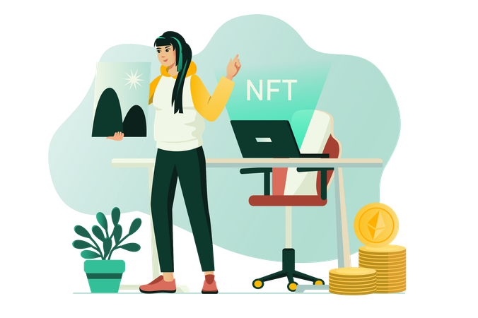 어린 소녀는 NFT 사업의 모든 세부 사항을 연구합니다.  일러스트레이션