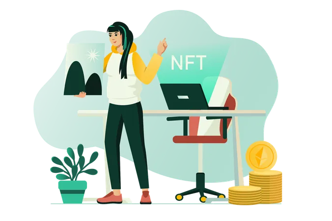 어린 소녀는 NFT 사업의 모든 세부 사항을 연구합니다.  일러스트레이션