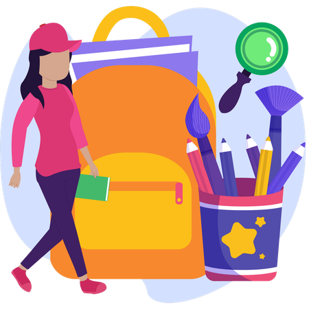 Young girl surrounded by colorful school supplies symbolizing the excitement of returning to school  Illustration