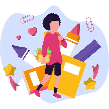 Young girl surrounded by colorful school supplies symbolizing the excitement of returning to school  Illustration