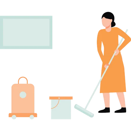 Young girl sweeping floor  Illustration