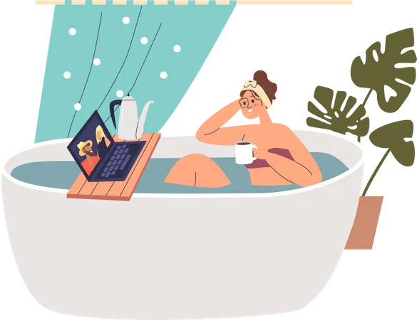 Young girl take bath watching movie on laptop with drinking hot tea Illustration