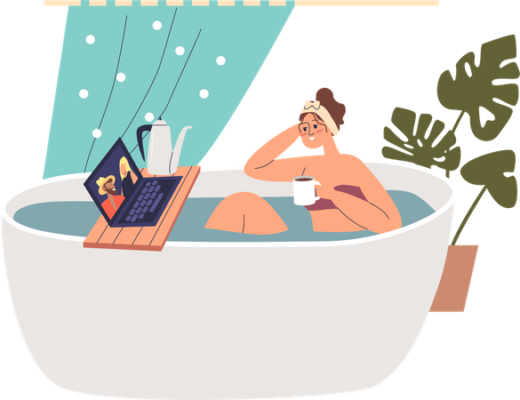 Young girl take bath watching movie on laptop with drinking hot tea  Illustration