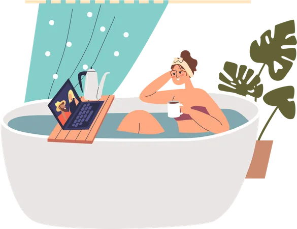 Young girl take bath watching movie on laptop with drinking hot tea  Illustration