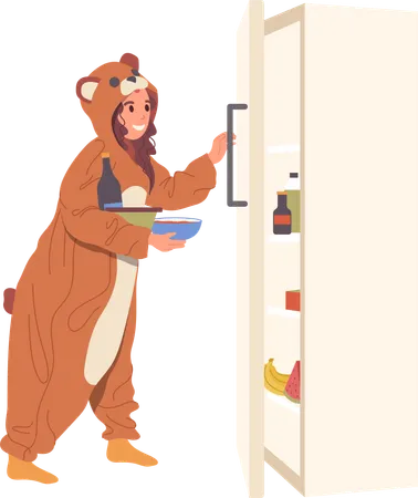 Young girl taking food and drinks from opened kitchen refrigerator for night pajamas party  Illustration