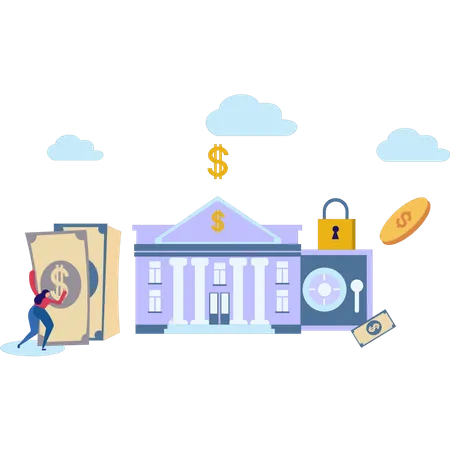 Young girl taking money to bank for savings  Illustration