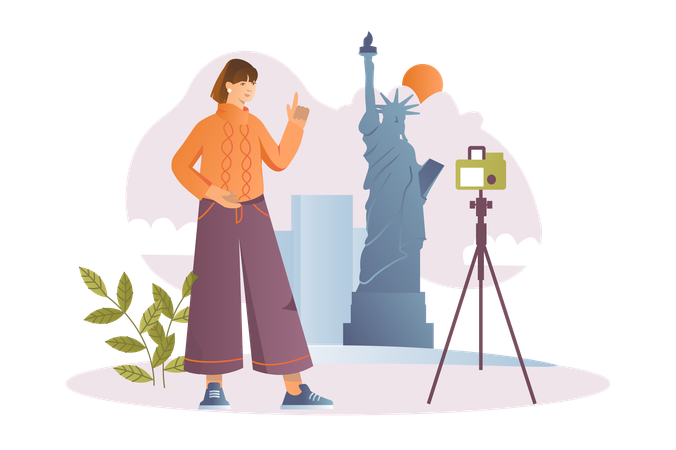 Young girl taking photo near famous landmark during trip  Illustration