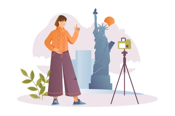 Young girl taking photo near famous landmark during trip  Illustration