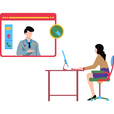 Young girl talking to the doctor online  Illustration