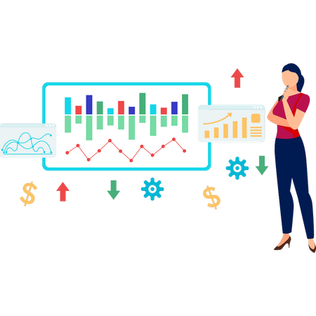 Young girl thinking about rise in candlestick graph  Illustration