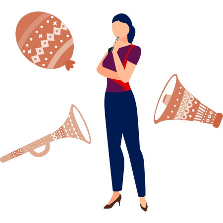 Young girl thinking about trumpet instrument  Illustration