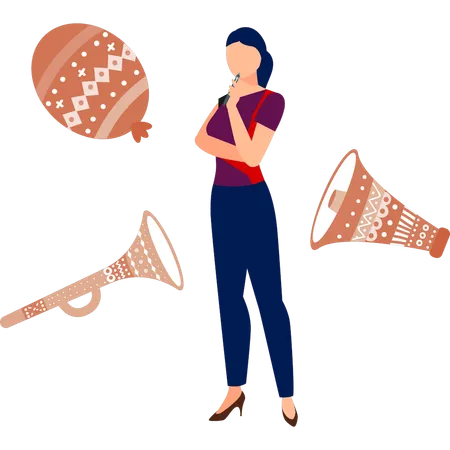 Young girl thinking about trumpet instrument  Illustration