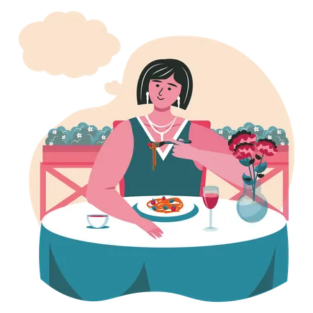 Young girl thinking while eating in restaurant Illustration