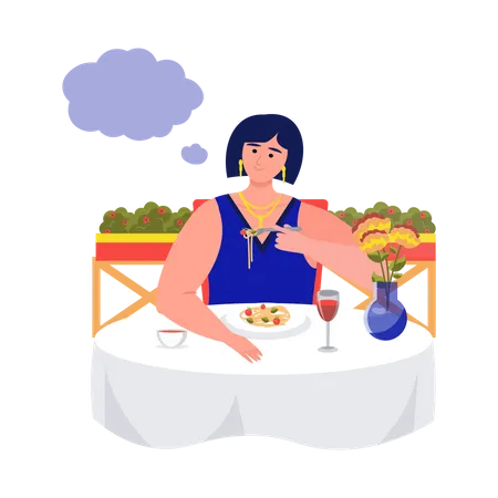 Young girl thinking while eating in restaurant  Illustration