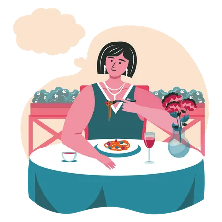 Young girl thinking while eating in restaurant  Illustration