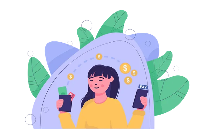 Young girl transfer money online Illustration