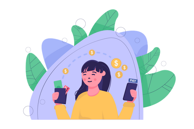 Young girl transfer money online  Illustration