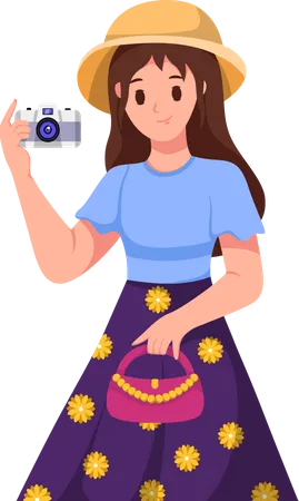 Young Girl Traveling with Camera  Illustration
