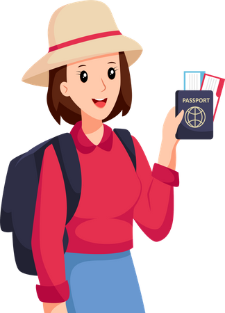 Young Girl Traveling with Passport  Illustration