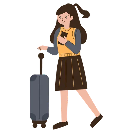 Young Girl Traveling with Suitcase  Illustration