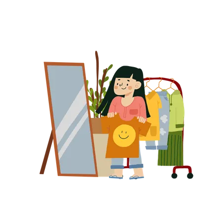 Young girl try on clothes  イラスト