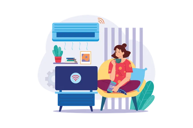 Young Girl Use Smart Appliances In Home Illustration