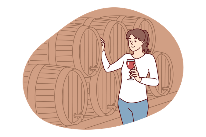 Young girl visiting  wine production  Illustration