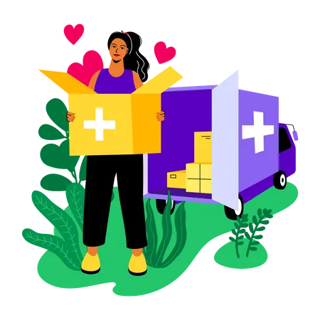 Humanitarian Aid Delivery Modern Colorful Flat Design Style Illustration On White Background A Scene With Girl Volunteer Holding A Box With Essentials Big Drug Truck Brought Hope And Medicines Illustration