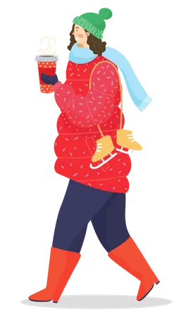 Young girl walking and holding coffee cup  イラスト