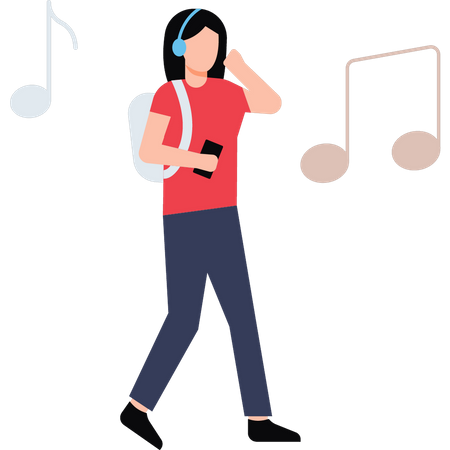 Young girl walking wearing headphones  Illustration