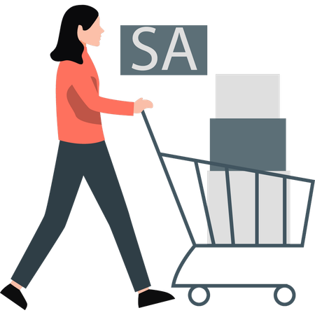 Young girl walking with shopping trolley  Illustration