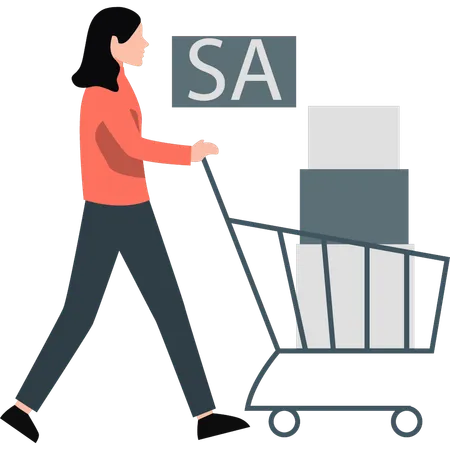 The Girl Is Walking With Shopping Trolley Illustration